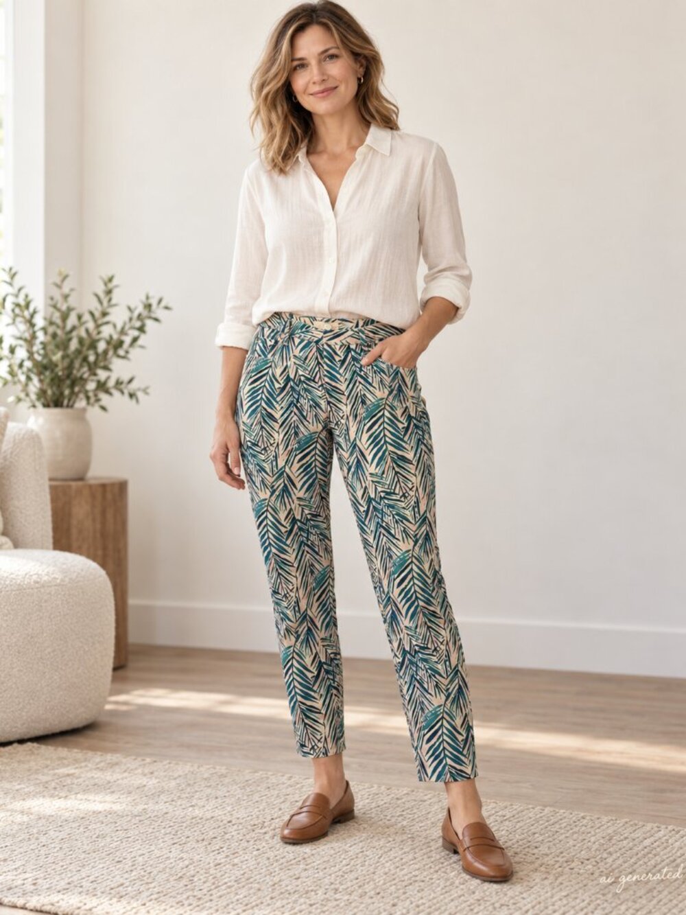Etcetera Tropical Print Teal Skinny Ankle Pants Size 6
